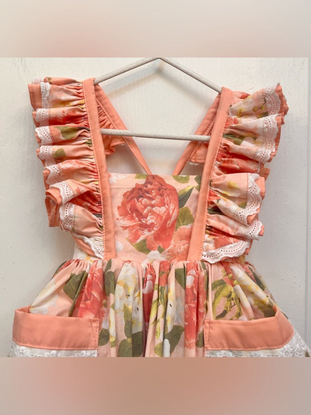 Monika Studio Girls Floral Ruffle Pinafore Dress - Peach/Coral  Floral Size 4 T - Picture 5 of 13